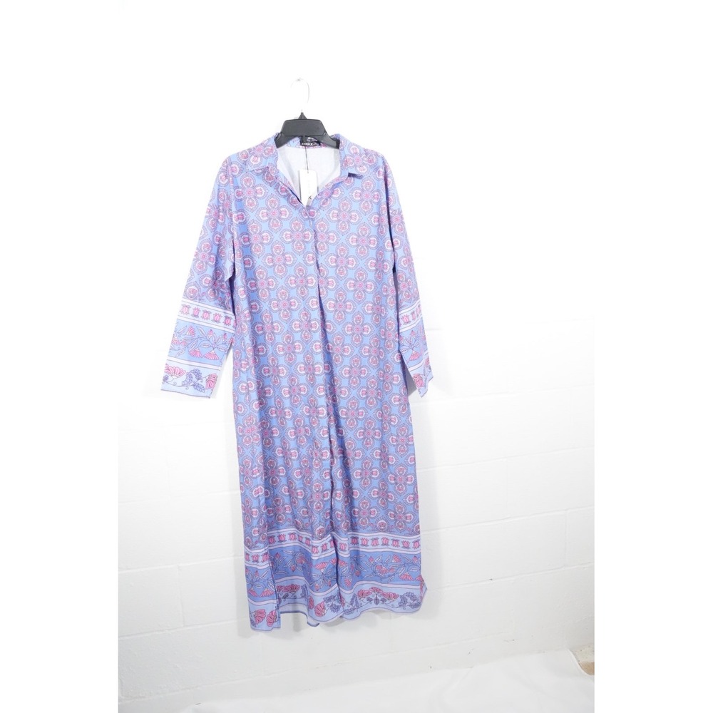 SHEIN X Maxi Dress Women Large Purple Pink Floral Medallion Long Sleeve Collared